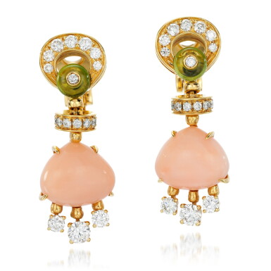 View full screen - View 1 of Lot 140. Pair of coral, peridot and diamond ear clips, 2010s.