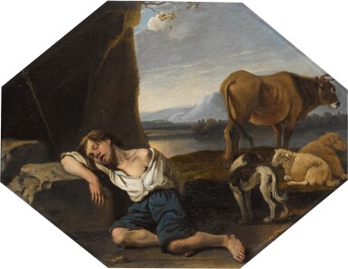 View full screen - View 1 of Lot 16. KAREL DUJARDIN | A young shepherd asleep, surrounded by his sheepdog, his sheep and his cow.