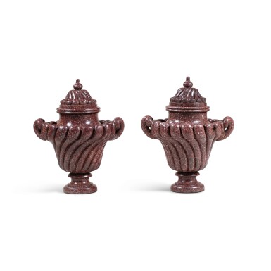 View full screen - View 1 of Lot 521. A pair of Egyptian porphyry vases, Rome, in Louis XIV style, after Silvio Calci.