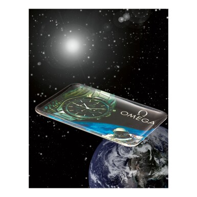 View full screen - View 1 of Lot 1. MEBEL | A PLASTIC RECTANGULAR VIDE POCHE DEPICTING AN OMEGA SPEEDMASTER WITH AN ASTRONAUT, CIRCA 1980.