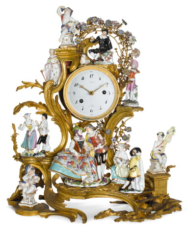 View full screen - View 1 of Lot 156. A LOUIS XV GILT-BRONZE AND PORCELAIN MOUNTED MANTEL CLOCK, CIRCA 1745 AND LATER.