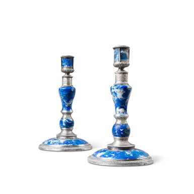 View full screen - View 1 of Lot 6. A pair of rare Régence silver mounted lapis lazuli candlesticks, the mounts, Paul Leriche, Paris, 1717-1722 | Paire de rares flambeaux en lapis lazuli montés en argent d'époque Régence, les montures par Paul Leriche, Paris, 1717-1722.