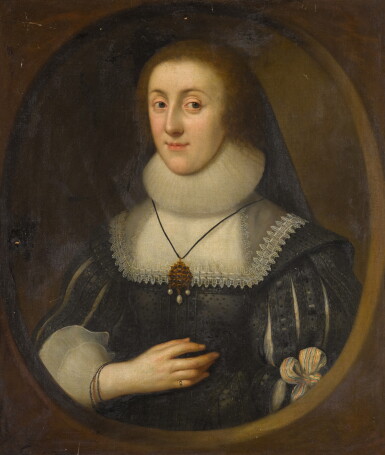 View full screen - View 1 of Lot 81. GEORGE GELDORP | PORTRAIT OF A LADY, HALF-LENGTH, IN A SLASHED BLACK DRESS WITH A LACE COLLAR AND RUFF, POSSIBLY IDENTIFIABLE AS ELIZABETH CARY, VISCOUNTESS FALKLAND (1585-1639) .
