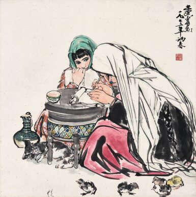 View full screen - View 1 of Lot 3190. 黃胄 讀寫圖 | Huang Zhou, Joy of Reading and Writing.