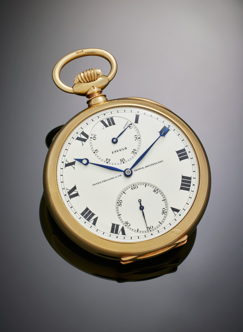 View full screen - View 1 of Lot 49. A rare and important yellow gold open-faced keyless watch with power reserve indication, Awarded First Prize at the Geneva Astronomical Timing Contest of 1926-1927, Mvt. 191434, Case 413405, Made for Henry Graves Jr., Made in 1910 and Sold in 1927.
