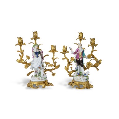 View full screen - View 1 of Lot 72. A Pair of Louis XV Gilt-Bronze and Meissen Porcelain Three-Branch Candelabra, Mid-18th Century, The Meissen Figures, Circa 1755.