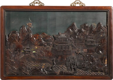 View full screen - View 1 of Lot 186. A rare carved zitan and hardwood 'landscape' panel with hongmu frame, Qing dynasty, Qianlong period | 清乾隆 紅木框拼紫檀及硬木山水樓閣圖掛屏.