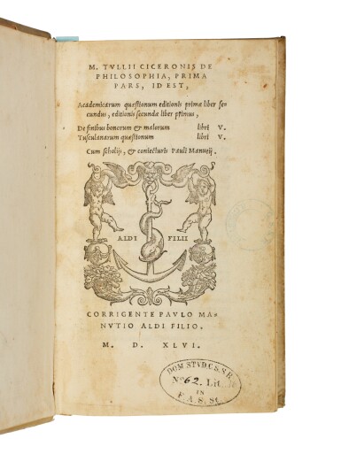 View full screen - View 1 of Lot 337. Cicero, De philosophia, Venice, Aldus, 1546, 2 volumes, later vellum.