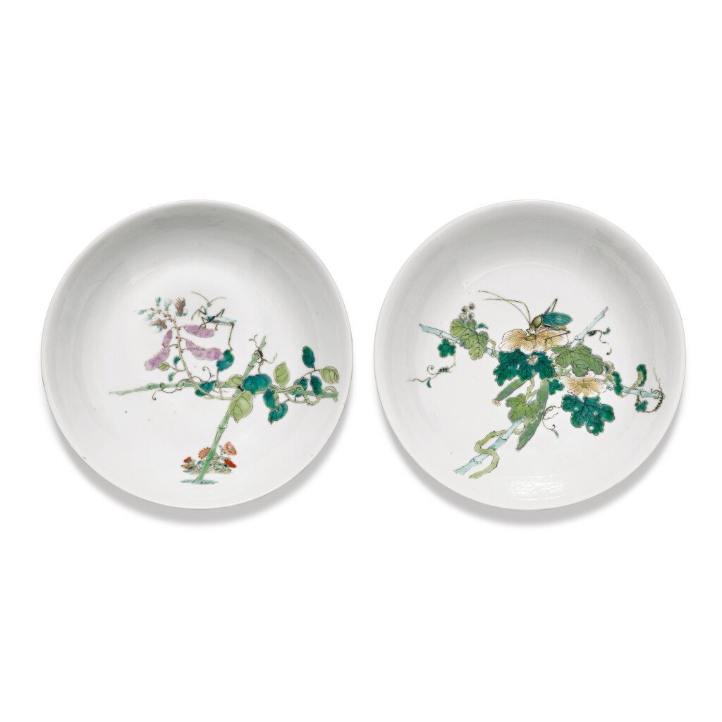 View full screen - View 1 of Lot 121. Two famille-rose 'fruit and insect' dishes Marks and period of Guangxu | 清光緒 粉彩竹蟲圖盤一組兩件 《大清光緒年製》款.