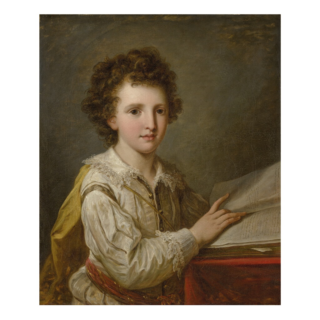 View full screen - View 1 of Lot 114. ANGELIKA KAUFFMANN, R.A. | PORTRAIT OF WILLIAM HEBERDEN THE YOUNGER, M.D. (1767-1845) AS A BOY, HALF LENGTH, SEATED BESIDE A TABLE.