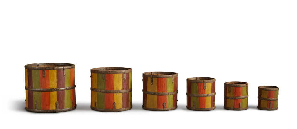 View full screen - View 1 of Lot 89. A Set of Six Polychrome Paint-Decorated Wood and Metal Nesting Buckets, 19th Century.