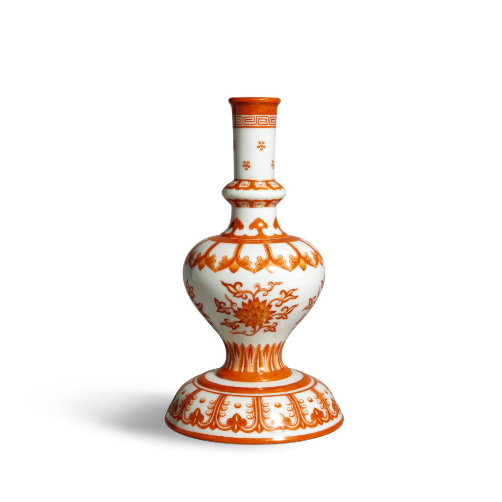 View full screen - View 1 of Lot 373. An iron-red holy water vase, Qing dynasty, Qianlong period | 清乾隆 礬紅彩折枝蓮紋甘露瓶.