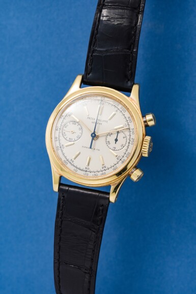View full screen - View 1 of Lot 47. Reference 1463 | Retailed by Tiffany & Co.: A yellow gold chronograph wristwatch, Made in 1968 | 零售商為蒂芙尼:百達翡麗 1463 型號黃金計時腕錶,約1950年製.