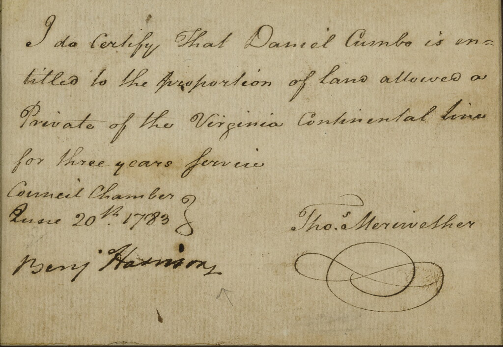 View full screen - View 1 of Lot 53. HARRISON, BENJAMIN | Document signed ("Benj Harrison") as governor of Virginia, certifying the service of Daniel Cumbo, a black Revolutionary soldier.