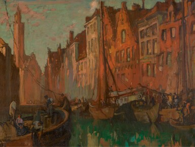 View full screen - View 1 of Lot 64. SIR FRANK BRANGWYN, R.A., R.W.S. | Unloading Cargo, Bruges.