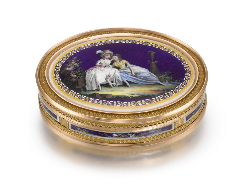 View full screen - View 1 of Lot 53. A two-coloured gold cagework and enamel snuff box, Nicolas-Toussaint Bingant, Paris, 1789.