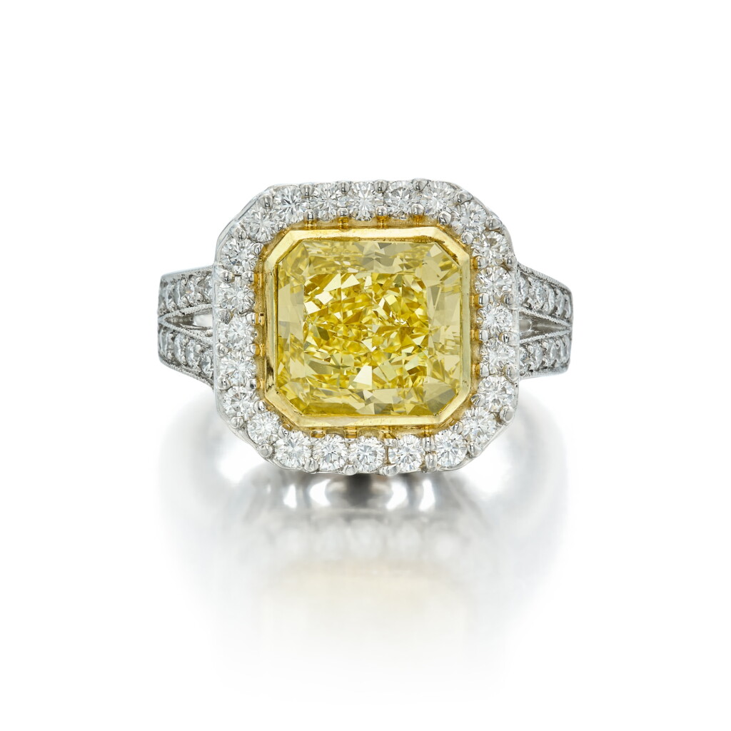 View full screen - View 1 of Lot 481. Fancy Vivid Yellow Diamond and Diamond Ring.
