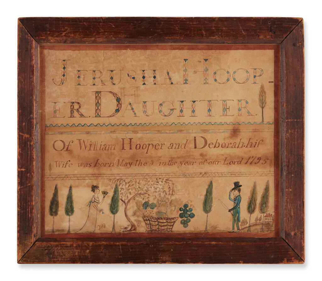 View full screen - View 1 of Lot 45. A Fraktur Birth Certificate for Jerusha Hooper, Upper Springfield Township, Burlington County, New Jersey, Circa 1804.