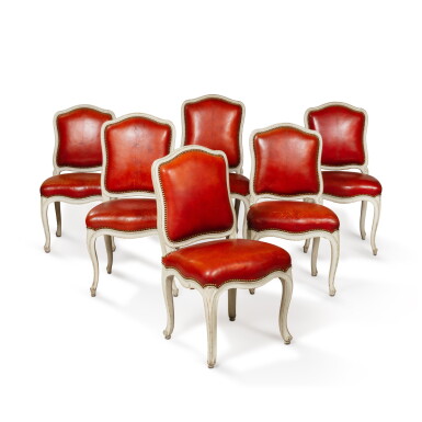 View full screen - View 1 of Lot 68. A set of six Louis XV painted wood chairs, circa 1750, stamped by Nicolas-Quinibert Foliot, four from the castle of Chanteloup.