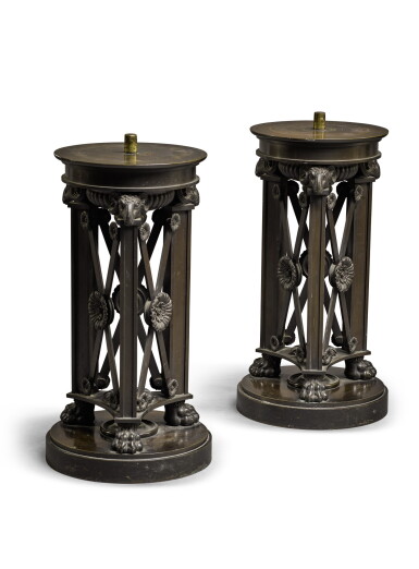 View full screen - View 1 of Lot 60. A PAIR OF REGENCY PATINATED BRONZE PEDESTALS, CIRCA 1810.