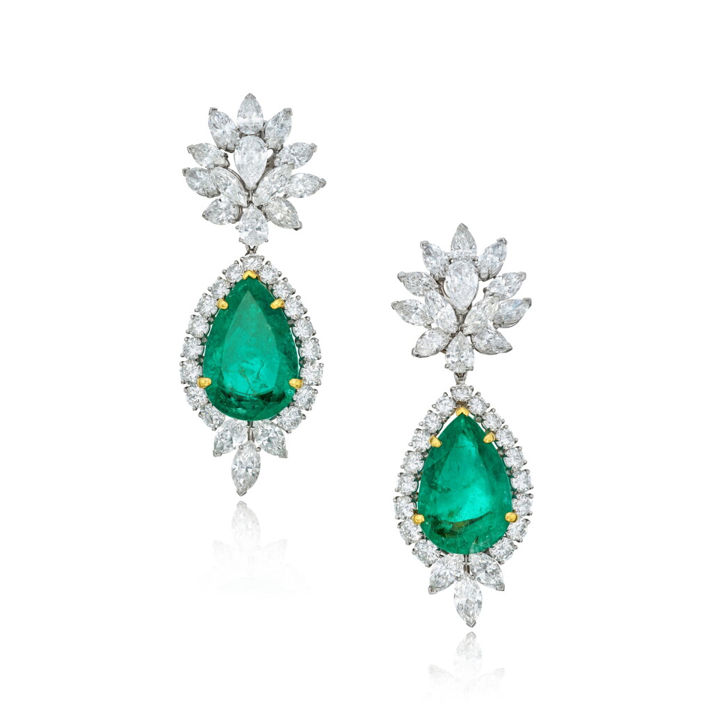 View full screen - View 1 of Lot 25. Pair of Emerald and Diamond Pendant-Earclips.
