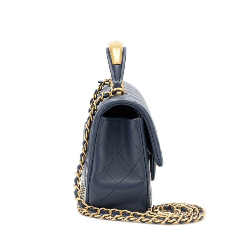 Chanel Navy Blue Quilted Lambskin Mini Flap Bag With Top Handle