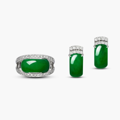 View full screen - View 1 of Lot 1533. Jadeite and Diamond Demi-Parure | 天然「緬甸」翡翠 配 鑽石 戒指 及 耳環套裝.