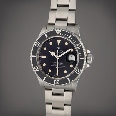 View full screen - View 1 of Lot 432. Reference 16800 Submariner | A stainless steel automatic wristwatch with date and bracelet, Circa 1987.