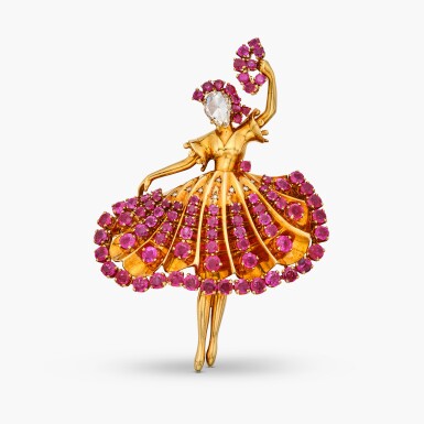 View full screen - View 1 of Lot 116. Gold, Diamond and Ruby Clip-Brooch K金 配 鑽石 及 紅寶石 胸針.
