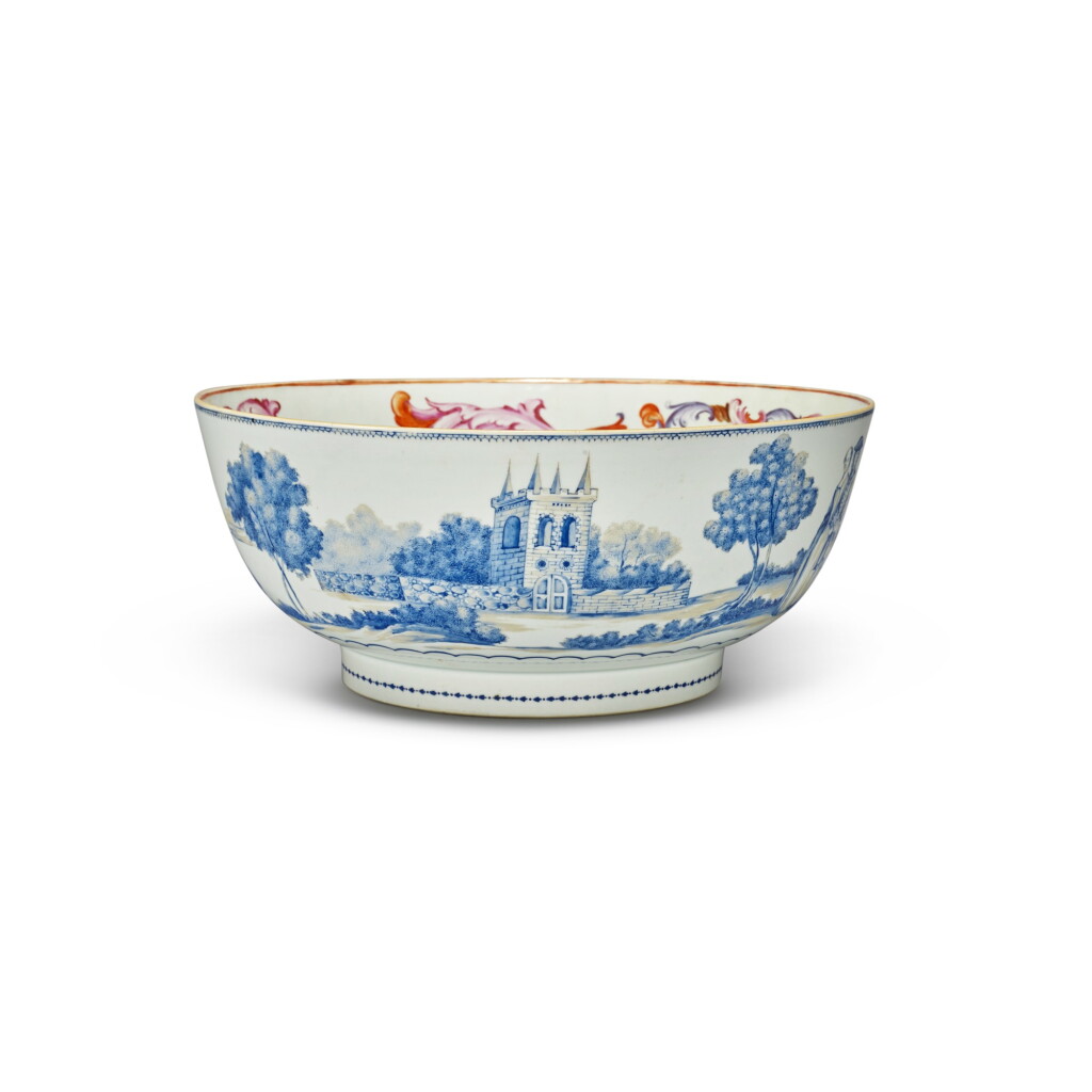 View full screen - View 1 of Lot 180. Extremely Rare and Important Chinese Export European Subject Initialed Punch Bowl, Qing Dynasty, Qianlong Period, After 1759-1785 | 清乾隆 1759年後至1785 粉彩西洋錦鷄山水人物圖大盌.