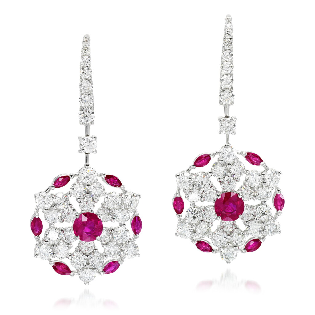 View full screen - View 1 of Lot 18. Graff | Pair of ruby and diamond earrings, 'Snowflake'.