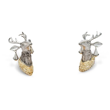 View full screen - View 1 of Lot 92. An Unusual Pair of Parcel-Gilt Silver and Filigree Deer-Head Torah Finials from the Sassoon Collection, probably Indian, early 19th century.
