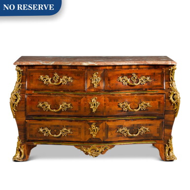 View full screen - View 1 of Lot 80. A Louis XV gilt-bronze mounted kingwood and rosewood parquetry commode, circa 1730/40.