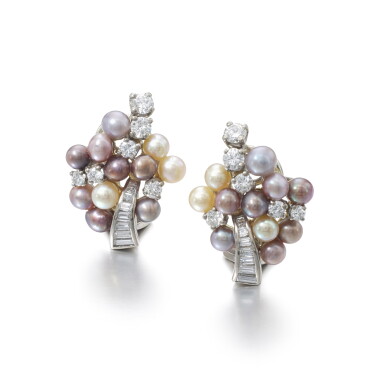 View full screen - View 1 of Lot 1167. Pair of cultured pearl and diamond ear clips.