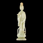 A white jade figure of a meiren | 白玉持靈芝美人立像
