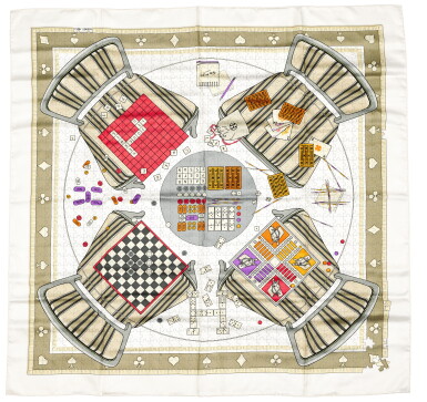 View full screen - View 1 of Lot 84. Gold, White and Red Motif Faites Vos Jeux Karen Petrossian Silk Scarf 90cm.