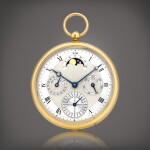 A yellow gold perpetual calendar open face keyless watch with moon phases and leap year indication, Circa 2000 | 寶璣 | 黃金萬年曆懷錶,備月相及閏年顯示,約2000年製