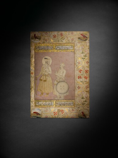 View full screen - View 1 of Lot 163. The Emperor Jahangir with Asaf Khan, India, Mughal, late 17th-early 18th century, with borders from the Late Shah Jahan Album, Mughal, circa 1650-58.