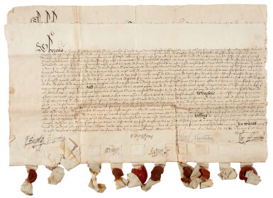 View full screen - View 1 of Lot 37. Queen Elizabeth I--Privy Council | Letters patent, signed, encouraging horsebreeding in Cambridgeshire, 1584.