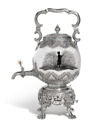 View full screen - View 1 of Lot 143. A RARE SILVER AND CHAMPLEVÉ ENAMEL SAMOVAR ON STAND, SHANKS AND BOLIN, MOSCOW, 1886.