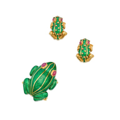 View full screen - View 1 of Lot 1. Gold, Enamel and Ruby Clip-Brooch and Pair of Earclips.