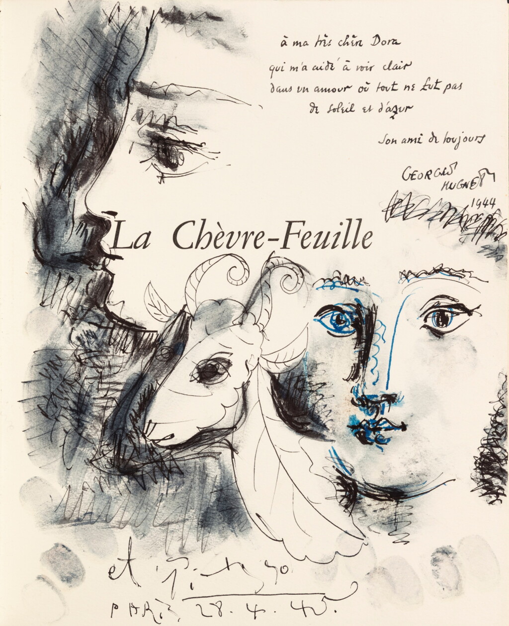 View full screen - View 1 of Lot 126. La Chèvre-feuille. 1943. Exceptionnel exemplaire de Dora Maar, avec un grand et très beau dessin original signé de Picasso et une des 16 suites signées. Précieuse reliure souple en joncs d’aniégré teinté de Jean de Gonet. Envois de Picasso et Hugnet..