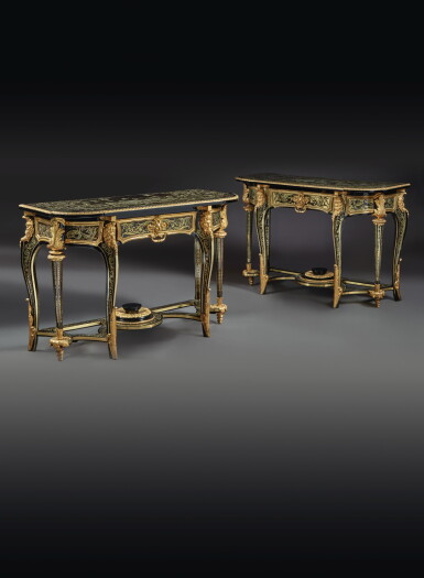 View full screen - View 1 of Lot 89. TWO LATE LOUIS XIV/EARLY REGENCE GILT BRONZE MOUNTED EBONY, TORTOISESHELL AND BRASS MARQUETRY CONSOLE TABLES ATTRIBUTED TO ANDRE-CHARLES BOULLE OR HIS WORKSHOP, CIRCA 1720.