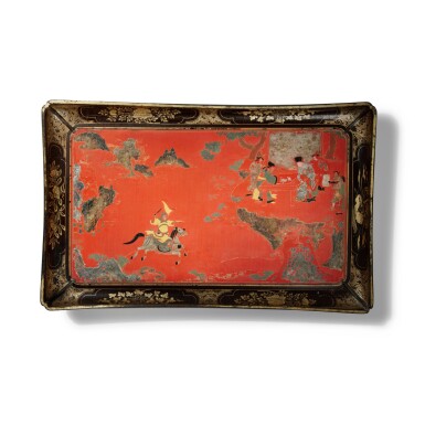 View full screen - View 1 of Lot 385. A rare painted polychrome lacquer rectangular 'Battle of Feishui' tray, Dated Wanli yimao year, corresponding to 1615 | 萬曆乙卯年(1615年) 朱漆彩繪淝水報捷圖長方盤 《萬曆乙卯徐靜軒贈》款.