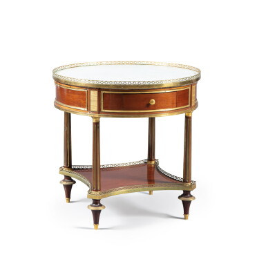 View full screen - View 1 of Lot 444. A Louis XVI gilt-bronze mounted mahogany veneered gueridon, circa 1780, stamped Conrad Mauter | Guéridon en placage d'acajou et monture de bronze doré, d'époque Louis XVI, vers 1780, estampille de Conrad Mauter.