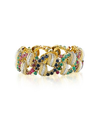 View full screen - View 1 of Lot 79. Gem set and diamond bracelet | Bracelet pierres de couleur et diamants.