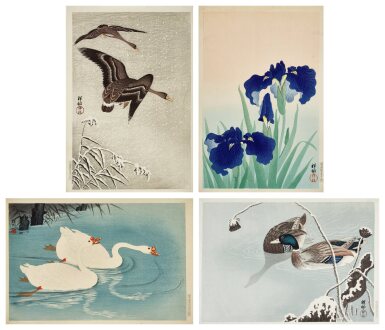 View full screen - View 1 of Lot 79. Ohara Koson (1877-1945) | Four woodblock prints depicting birds and flowers | Taisho period, early 20th century.