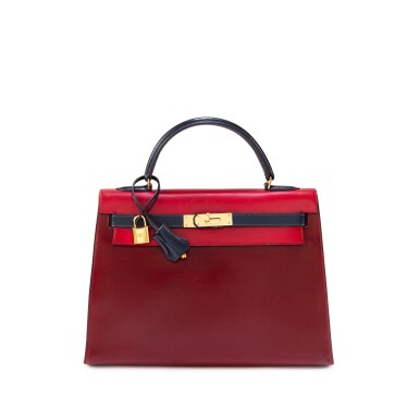 View full screen - View 1 of Lot 596. Rouge H, Rouge Vif, Bleu Marine Calfbox Kelly 32 Tricolore Sellier Gold Hardware, 1982.