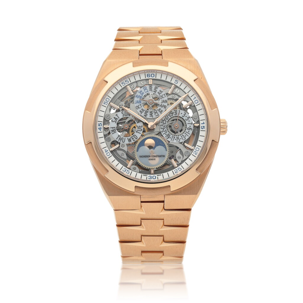 View full screen - View 1 of Lot 59. Overseas Perpetual Calendar Ultra-Thin Skeleton, Ref. 4300V/120R-B547 Pink gold skeletonized perpetual calendar wristwatch with moon phases, leap year indication and bracelet Circa 2021 | 江詩丹頓 | 4300V/120R-B547型號「Overseas Perpetual Calendar Ultra-Thin Skeleton」粉紅金鏤空萬年曆鍊帶腕錶備月相及閏年顯示,年份約2021.