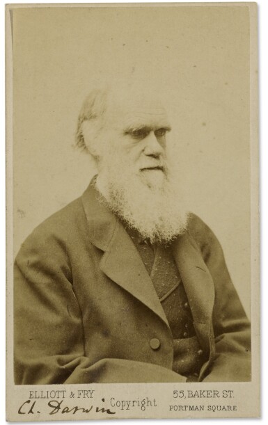 View full screen - View 1 of Lot 9. DARWIN, CHARLES | CARTE-DE-VISITE, SIGNED BY DARWIN. LONDON: ELLIOTT & FRY, LATE 1870S.